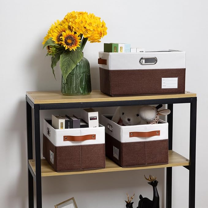 Foldable Storage Bins with Handles [3-Pack] Fabric Collapsible Storage Boxes Baskets Cubes Containers with Handles for Closet Living Room Bedroom (Brown & White 14.9x9.8x8.3'') - Image 2