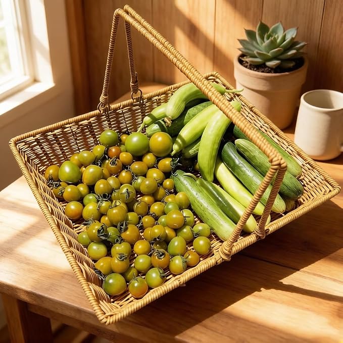 Plastic Picnic Basket with Foldable Handle - Rectangular Rattan Style Organizing Basket, Large Capacity Woven Storage Basket - Image 6