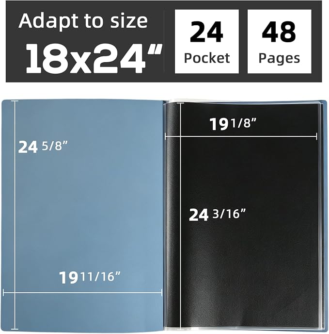 18x24 Blue Art Portfolio Folder Displaying 48 Pages With Plastic Sleeves | 24-Pocket Presentation Book Binder For Artwork Storage Featuring Dark Inner Paper Inserts Protective Document Archival Holder - Image 2