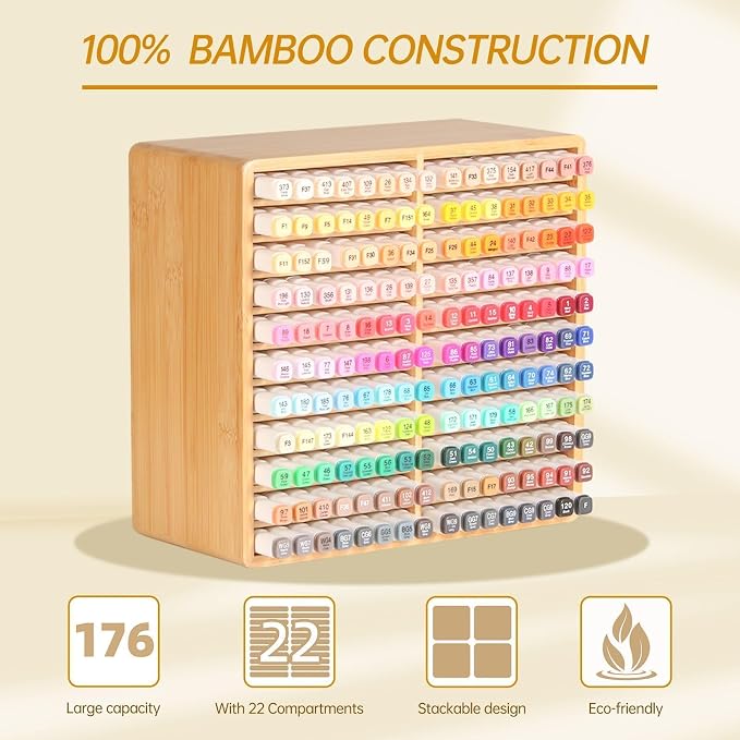 Markers Organizer Hold 176 Markers Birthday Gifts Bamboo Pen Holder Art Supply Pencil Alcohol Storage Organizer 22 Compartments All-in-One Marker Storage for Home Office Desk Classroom - Image 6