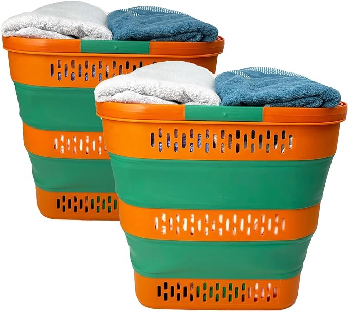 SAMMART 38L(10 Gal) Collapsible Laundry Basket - Foldable Pop-Up Storage Container/Organizer-Portable Space Saving Hamper, Measure 17.5x13.3x15.7"/3.8" Expanded/Collapsed (2, Autumn Leaf/Forest Green) - Image 2