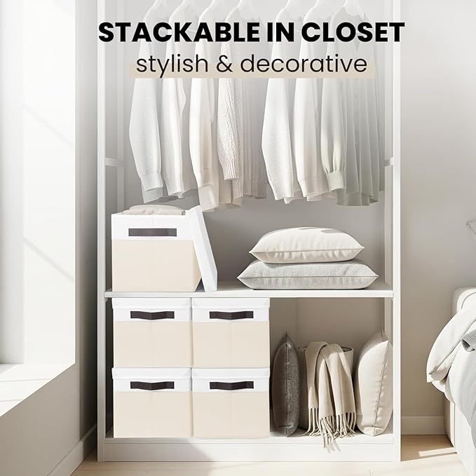Large Nursery Closet Organizer Bins with Lids 4 Pack - 23 QT Decorative Storage Baskets for Living Room Bedroom Shelf - Stackable Storage Boxes with Lids Handles for Clothes Sweater Book Towel Purse - Image 4