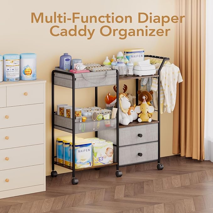 BBLIKE Diaper Caddy Organizer with Hanging Rack - 3 Tier Rolling Baby Storage Cart with Drawers and Side Pockets for Newborn Diaper Organization for Nursery, Crib, Bedroom, Changing Table, Gray - Image 2