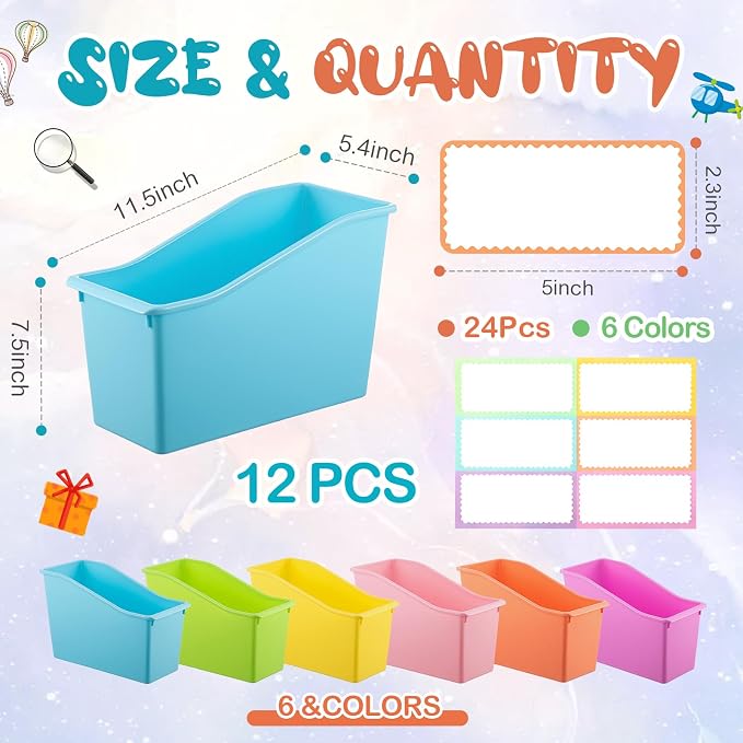 Geetery 12 Pcs Book Bin for Classroom with Labels Stackable Plastic Organizing Bins 11.5 x 5.4 x 7.5 in Book Holders Storage Bins Box Baskets for Classroom Library Home (Pastel Color) - Image 2