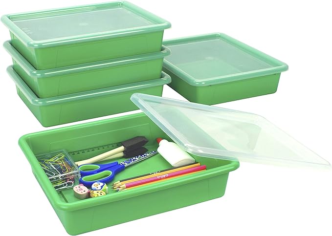 Storex Letter Size Flat Storage Tray – Organizer Bin with Non-Snap Lid for Classroom, Office and Home, Green, 5-Pack (62539A05C) by Storex
