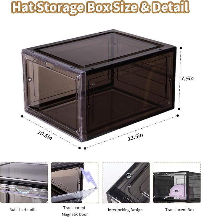 Attelite Upgrade Harder Solid Plastic Hat Organizer for Baseball Caps, 8 Pack Stackable Hat Storage Box with Clear Magnetic Door, Hat Rack(XL-Black) - Image 3