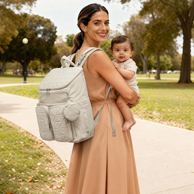 G4Free Diaper Bag Backpack for Moms Dads Travel Baby Bag with Pacifier Case & Insulated Pockets,Beige - Image 2