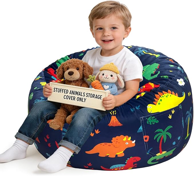 Lukeight Dinosaur Stuffed Animal Storage Bean Bag Chair Cover for Kids, Velvet Plush Toy Organizer Seat, Cover Only, No Filling Included, Long YKK Zipper, Side Pocket, Large 27"D x 16"H by Lukeight