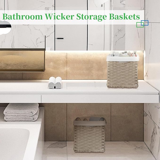 Bidtakay Wicker Baskets for Shelves Waterproof Imitation Wicker Cube Storage Bins with Liners for Organizing Closet Cabinet 2-Pack 11x11 inch Storage Cube Organizer for Pantry-Greyish Beige - Image 5