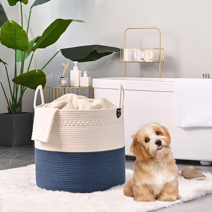 KAKAMAY Large Blanket Basket (18"x18"x16"),Woven Baby Laundry Hamper for Storage, Cotton Rope Blankets Baskets for Nursery, Laundry, Living Room, Pillows, Baby Toy chest with Handles (Navyblue) - Image 2
