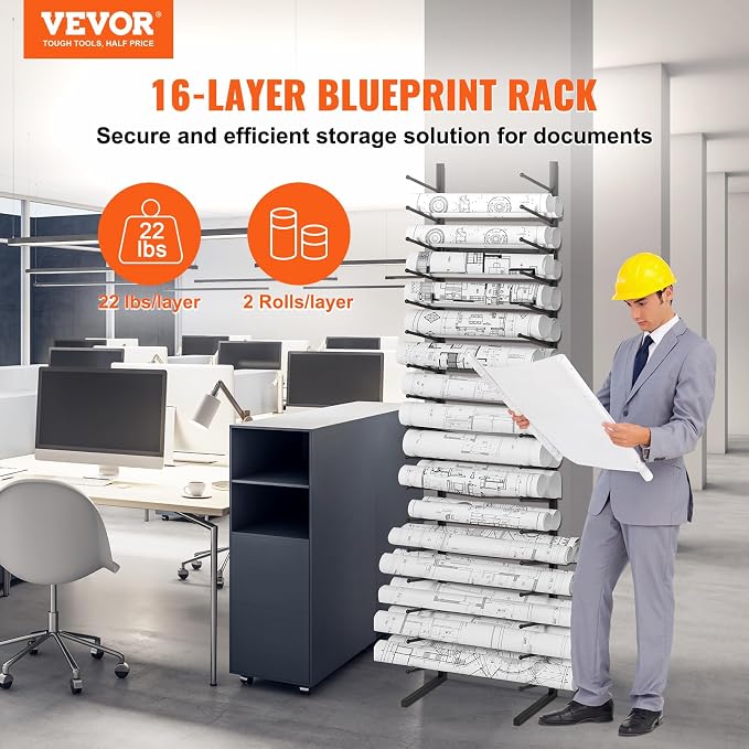VEVOR Blueprint Storage Rack, Hanging Poster Display Rack 16-Tier, Vertical Blueprint Roll File Holder 2 Rolls/tire, Roll File Storage Rack for Blueprint Map Poster - Image 2