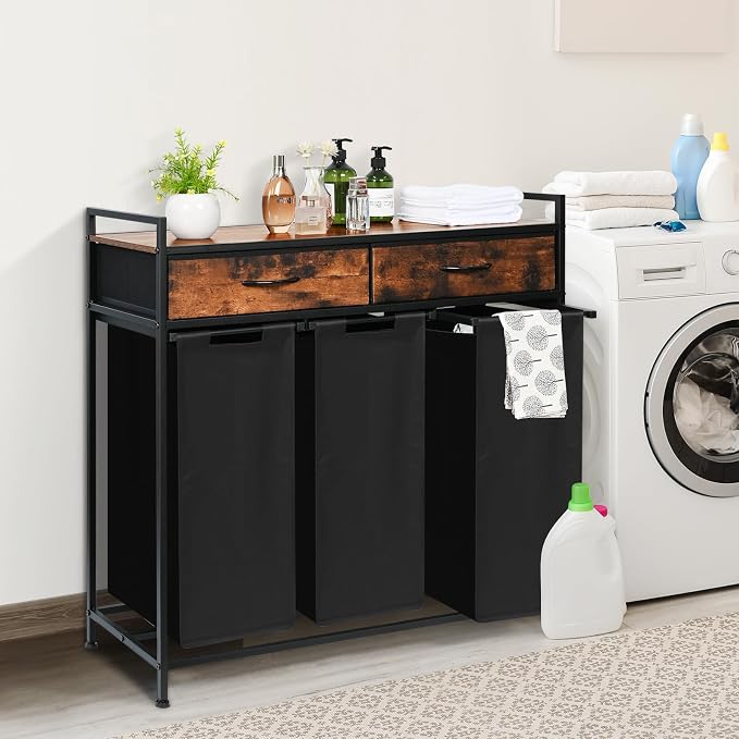 180L Laundry Sorter Hamper Basket 3 Section with Shelf & 2 Drawers | 3 Compartment Clothes Storage Organizer Cart, Pull-Out Removable Oxford Fabric Bags - Image 2