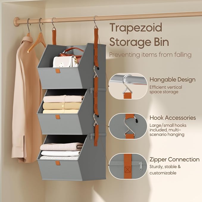 Collapsible Hanging Closet Organizer - 3 Tier Closet Shelves Storage System with Hooks, Fabric Hanging Storage Bins for Clothes, Foldable Storage Basket for Laundry, Bedroom, Rv, Grey - Image 3