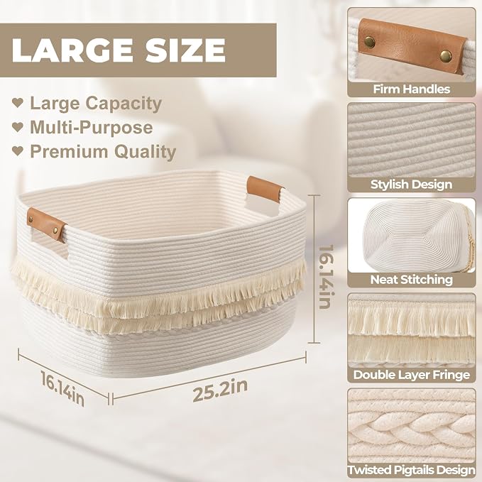 108L Large Basket for Living Room, Boho Decorative Basket Organizing with Handles, Cotton Rope Storage for Toys, Pillows, Clothes, 25’’*16’’*16’’ White - Image 3
