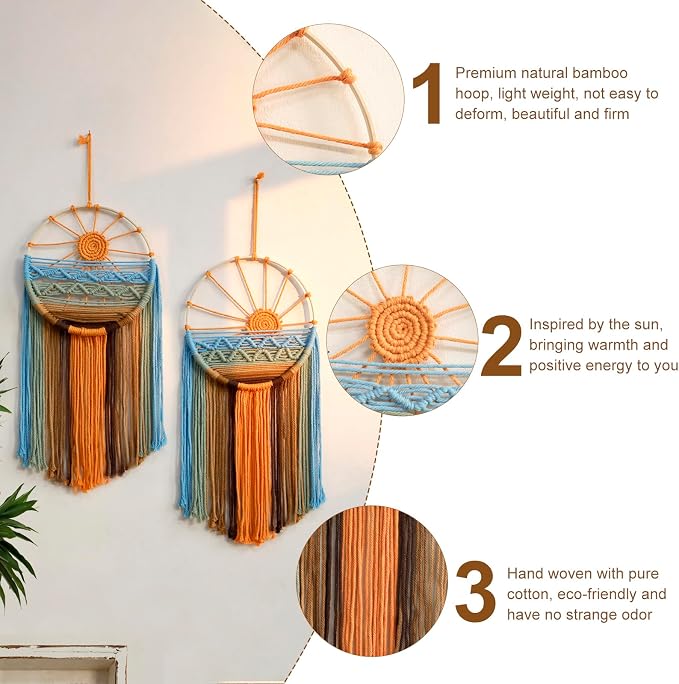 Artilady Macrame Hanging Tapestry Sun Wall Decor Set 2, Boho Dream Catcher | Large Tapestry, Handmade Woven, Farmhouse Rustic, Colorful Sun Wall Art Set, Bedroom Living Room Entryway Home Decor - Image 4