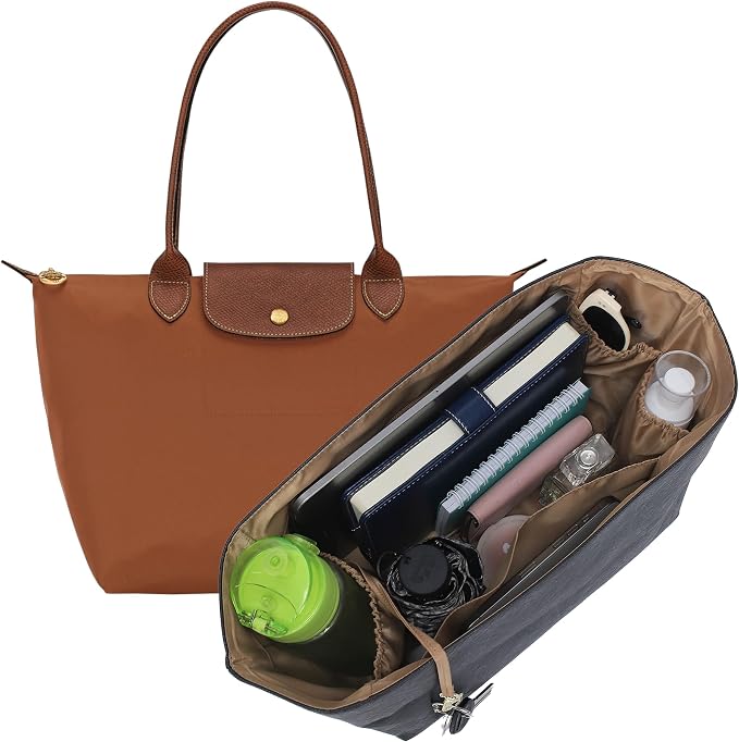Purse Organizer Insert for Longchamp Le Pliage Medium, Black Brown | 6-Compartment Bag Organizer with YKK Zipper Pocket, Cup Holder, Key Chain, Waterproof DupontPaper Lightweight Handbag Shaper by Doxo