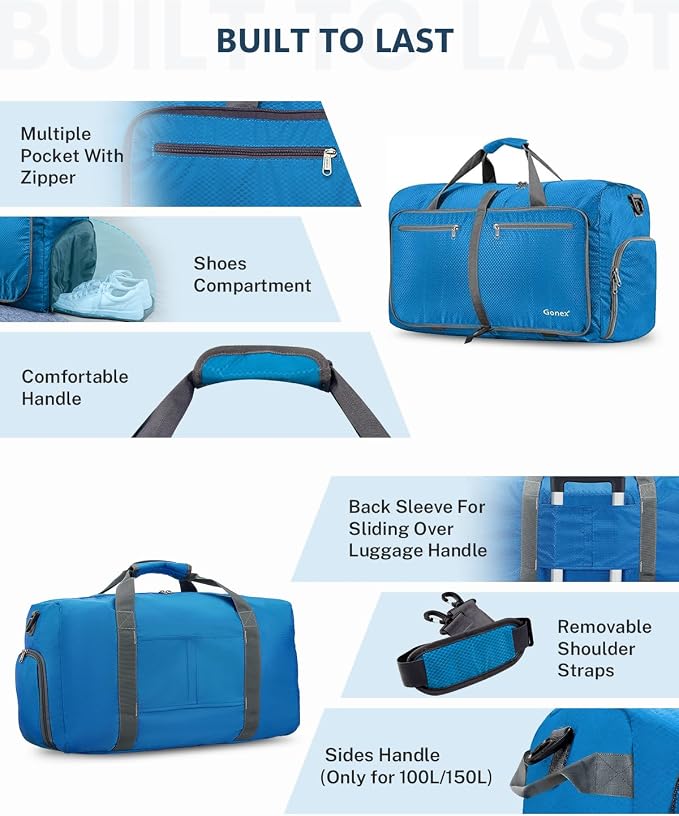 Gonex 150L Large Foldable Travel Duffle Bag with Shoes Compartment, Packable Lightweight Water Repellent Duffel Bag for Camping Gym Weekender Bag Sky Blue | 210D Nylon, Water-Repellent, Folds Compact, Multiple Pockets, Luggage Sleeve, Family Travel & C... - Image 4