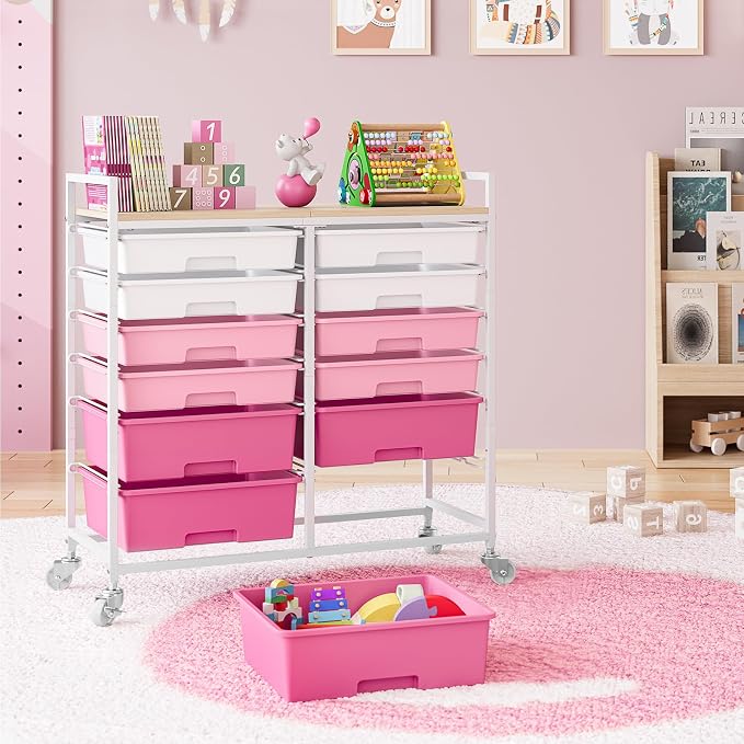 TOOLF 12 Drawers Rolling Storage Cart with Wooden Top for Classroom,Pink | Teacher Cart Craft Art Supply Organizer, Utility Cart with Lockable Wheels for Home Household Essentials, Office Organization - Image 2