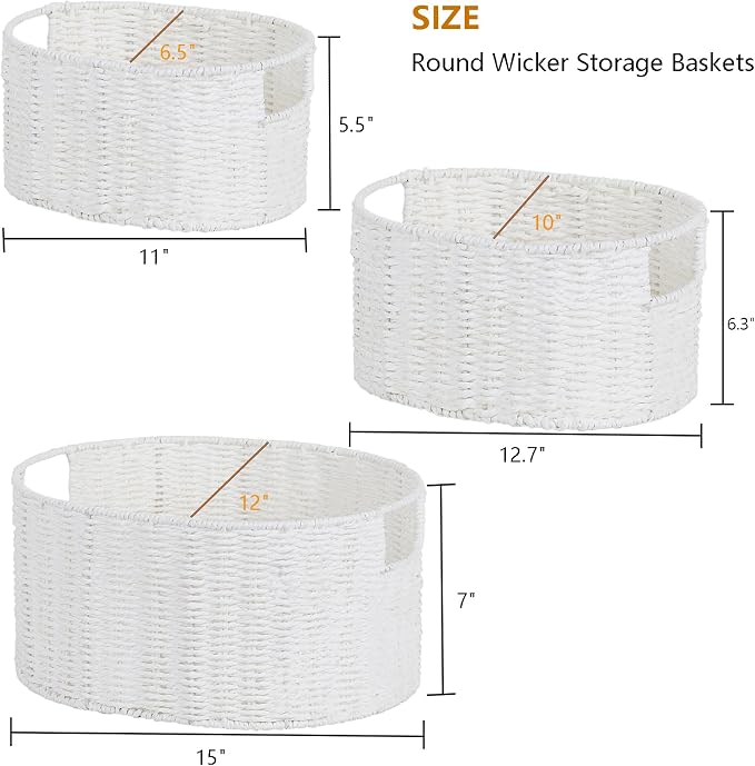 Wicker Storage Basket, Set of 3 Hand-Woven Paper Rope Storage Baskets for Organizing, Round Storage Basket With Handles, Large Wicker Storage Organizer Bins Baskets for Shelves & Decor, White - Image 8