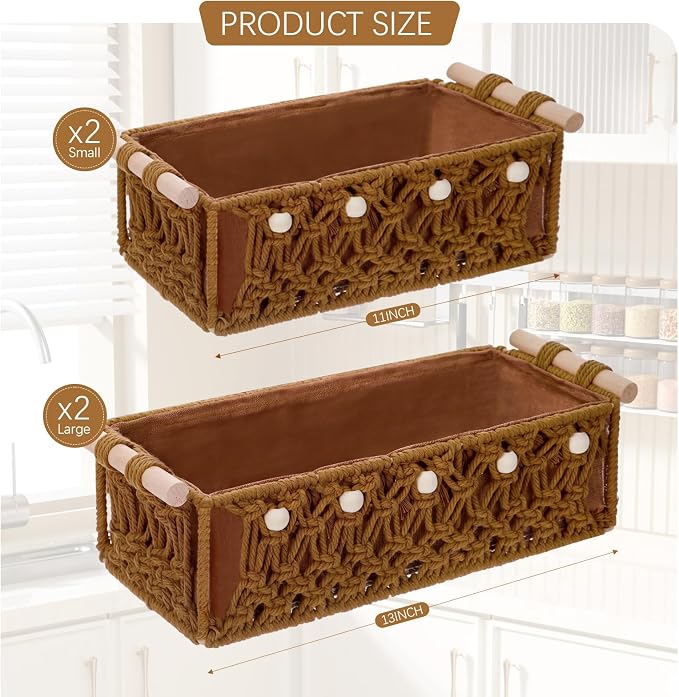 Vesici 4 Pcs Rustic Brown Macrame Storage Basket for Shelves 13 in 11 in Boho Basket Hand Woven Boxes with Wood Handles Beads Decorative Countertop Toilet Tank Cabinet Organizer for Home Room Decor - Image 2