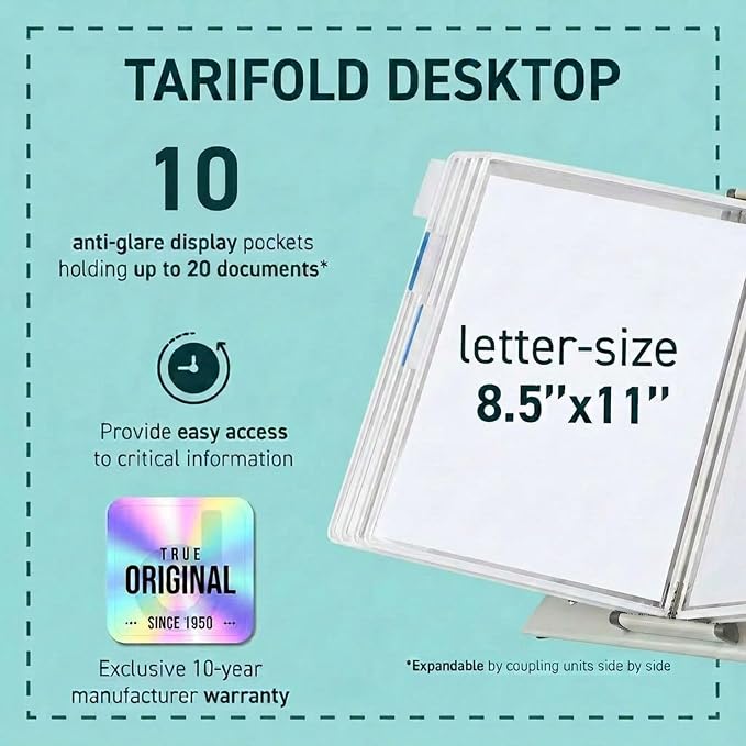 Tarifold Desktop Reference Display System, 10 Pockets, Expandable, White | 10 Double-Sided PVC Pockets, Holds 20 Letter-Size Sheets, Sturdy Metal Base, Quick-Find Indexing, Quick and Easy to Assemble - Image 2