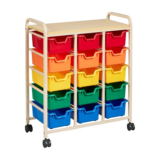 ECR4Kids 15-Bin Mobile Organizer with Shelf, Removable Bins, Sand/Assorted | Durable plastic bins, steel frame, GREENGUARD Gold Certified, 75 lb capacity, rolling casters, craft supplies, classroom/home by ECR4Kids