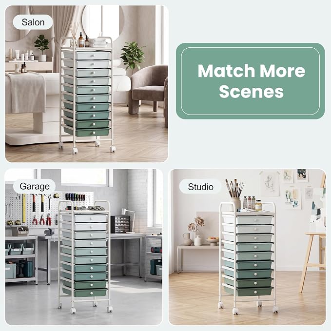 GOFLAME 10-Drawer Rolling Storage Drawer Cart, Utility Cart with Removable Drawers & Metal Frame, Mobile Art Craft Drawer Cart with Lockable Wheels for Home, Office, Studio, School, Green Gradient - Image 7
