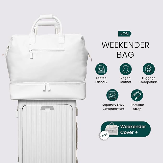 Nobl Travel Weekender Bag for Women & Men, Large Carry-On Duffel, White | Leather Overnight Tote with Trolley Sleeve, Separate Shoe Compartment & Laptop Pocket for Airplane, Gym & Road Trips - Image 5