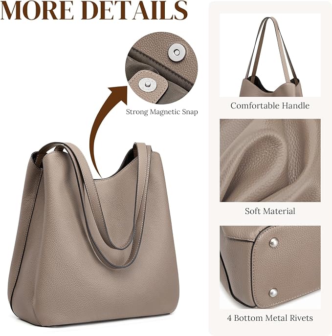 S-ZONE Soft Genuine Leather Tote Bag for Women, Shoulder Handbag Purses | Top Grain Pebbled Cowhide Leather, Fits 9.7" Pad, Multi Compartments, Bottom Metal Rivets, for Work Travel Daily - Image 6