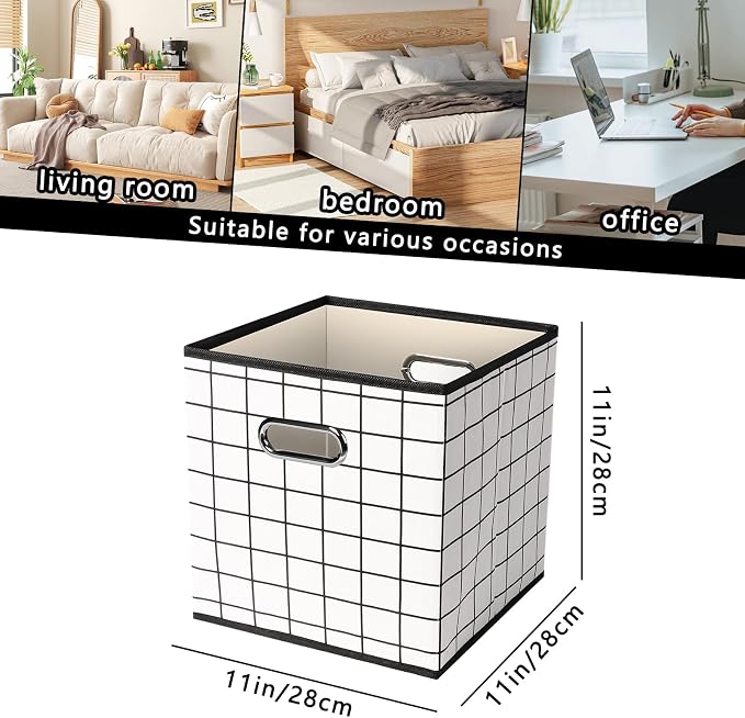 Yunkeeeper storage bins Cubes, Fabric Cube Organizer with Handle, Foldable Cube Bins for Cloth or Accessary Storage, 11x11x11, Set of 3,(White grid) - Image 2