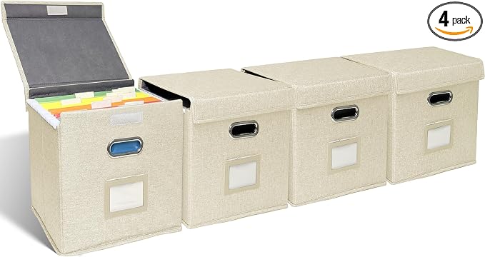 4 Pack Hanging File Folder Box with Lid, Durable Letter Size Filing Storage Box, Sturdy File Holder with Cardboard Support PVC Rails for Office Home Organizer, Beige by ComfortKeeper