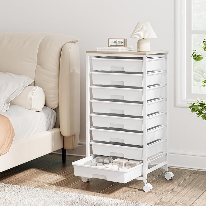 TOOLF Rolling Storage Cart with 8 Drawers,White | Utility Cart on Wheels with Wooden Tabletop,Teacher Organization for Classroom, Art Cart for Office,Bedroom,Craft Room - Image 2