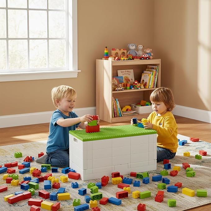 53 Qt. Folding Storage Box with Large Building Lid for Lego Duplo Blocks, 13 Gallon Collapsible Organizer for Lego Bricks (Green) - Image 2
