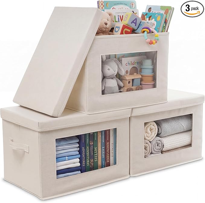 3-Pack Large Storage Bins with Lids & Clear Window, Foldable Fabric Closet Organizer Boxes, Stackable Cube Baskets with Soft Handles for Clothes & Blankets, 17”, Beige by Unknown
