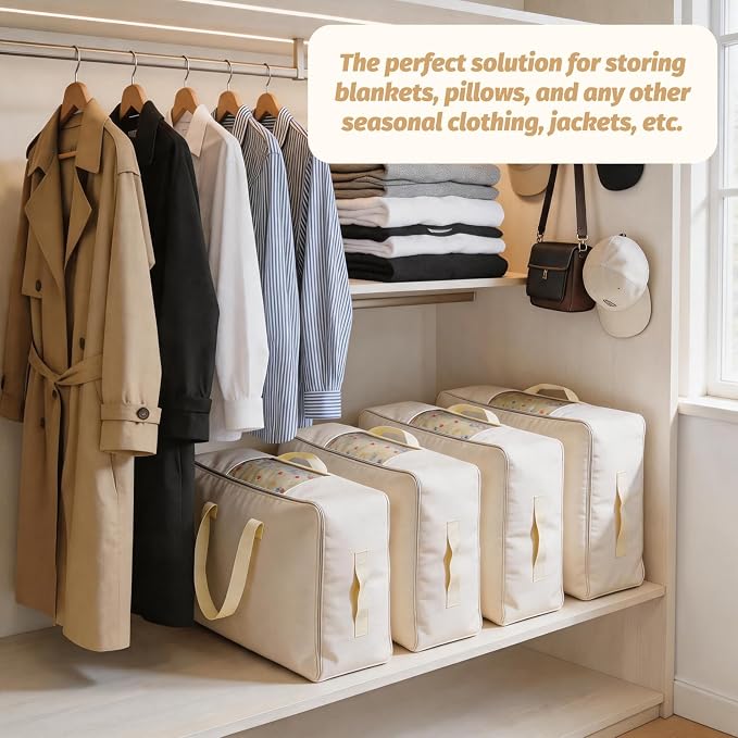 Soft Large Canvas Storage Bags with Zipper. Thick Breathable. Four Carrying Handles and Window. Cotton Linen Storage for Pillows, Quilt, Blankets and Comforter, 80L, Beige - Image 9