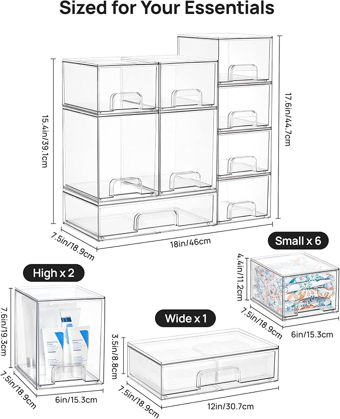 Vtopmart Clear Stackable Storage Drawers Set of 9, Plastic Organizer Bins | Multi-purpose Boxes for Baby Bottle Storage, Ideal for Kichen, Vanity, Bathroom, Undersink, Cabinet, Pantry Organization - Image 3