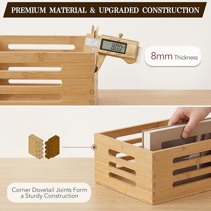 ANMINY Wood Storage Bins Crates, Nesting 4PCS, Sturdy Mortise-Tenon Joint | Natural Bamboo Boxes Bins with Built-in Handles, Sturdy Corner Joints, Hollow Stripe Design, Nestable for Pantry Shelf - Image 4