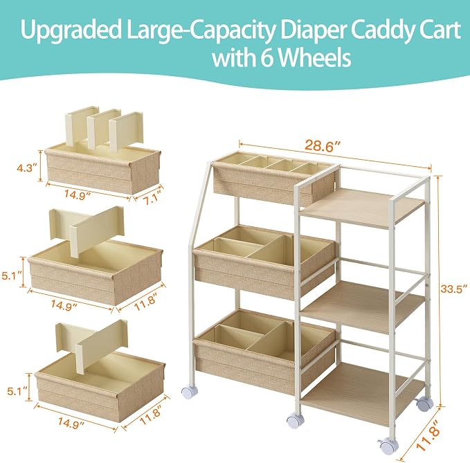 Rolling Nursery Diaper Caddy Organizer Cart, 3-Tier with Dividers - Image 3