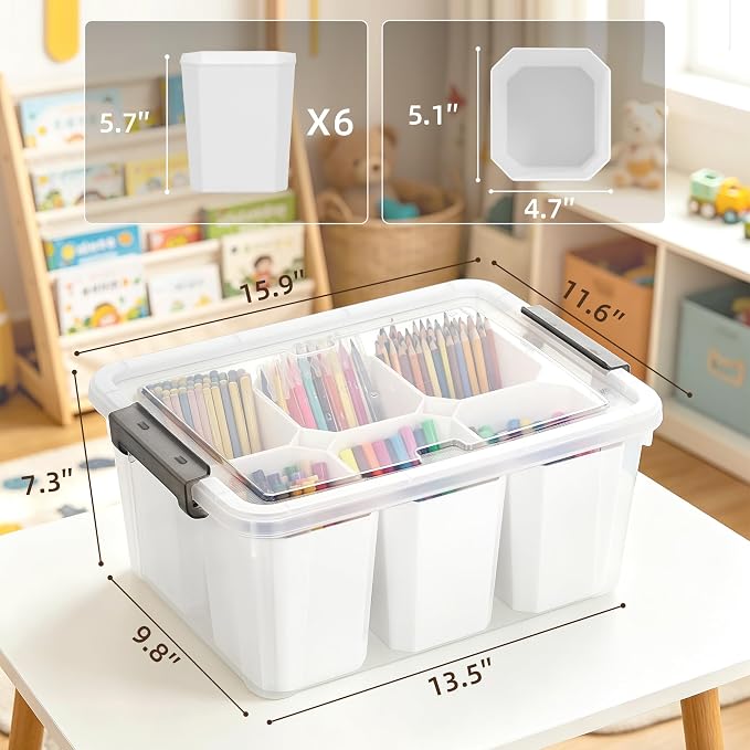 Citylife 17QT Craft Organizers and Storage bins with Lids, Marker Organizer | Clear Plastic, Art Supply Organizer for Markers, Crayons and Crafts, 6 Detachable Inserts, Versatile Stackable, No Assembly - Image 3
