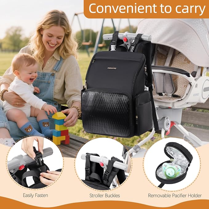 Stylish Baby Diaper Bag, Baby Bag with Changing Pad, Pacifier Case& Stroller Straps, Large Diaper Backpack Boy Girl, Water Resistant Travel Diaper Backpack for Mom Dad - Image 4