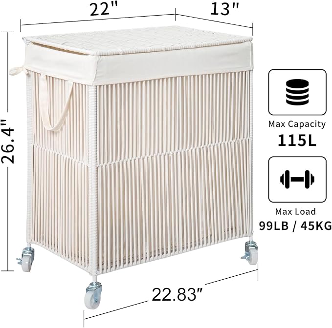 WOWLIVE Rolling Laundry Basket Wheels, Handwoven Laundry Hamper with Lid | Double Clothes Hamper with Divided Removable Bag, 115L Large Laundry Sorter 2 Section, Laundry Room Organization, White - Image 3