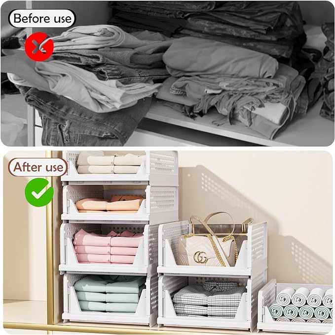 4 Pack Folding Closet Organizers Storage Box, Stackable Storage Bins, Plastic Drawer Basket Closet Storage for Wardrobe Cupboard Kitchen Bathroom Office White-4L | White Stackable Plastic Drawer Bins for Closets, Wardrobes, Kitchens, Bathrooms, Offices - Image 5