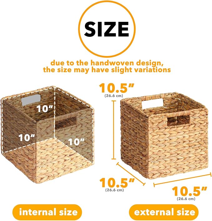 SpaceAid 4 Pack Wicker Basket, Storage Baskets for Organizing, Woven Rattan Basket with Handles for Shelves, Water Hyacinth Large Cube Organizer Storage Bin, 10.5x10.5x10.5 inch, Natural - Image 3