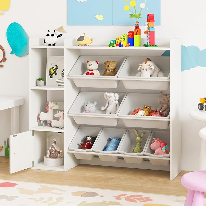 Costzon Kids Toy Storage Organizer w/ 8 Bins, Wooden Toddler Bookcase w/Open Shelves & Cabinet, Multifunctional Toy Storage Cabinet for Kids Room, Nursery & Playroom by Costzon