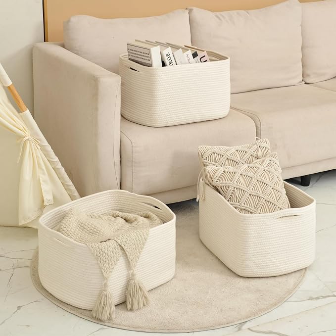 ICERZCZ Large Storage Baskets for Organizing Shelves, Woven Cotton Rope Bins for Baby Nursery Organization, Book Toy Towel Organizer, 17"x13"x9.5", 3 Packs, Off White - Image 6