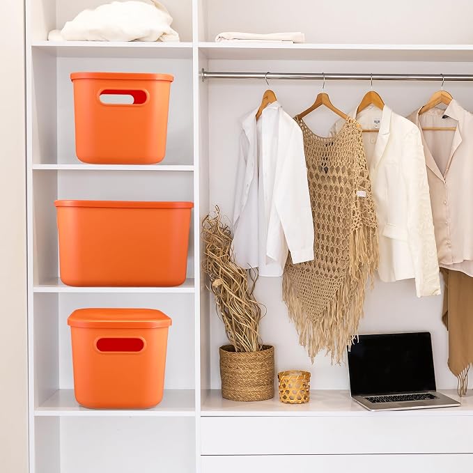 8 Pack Storage Bins, 10.2 X 7 X 6.3 Inch Orange | Plastic Stackable Containers with Lid Handle, For Shelves Desktop Playroom Office, Organizing Toys Books Supplies Storage - Image 7