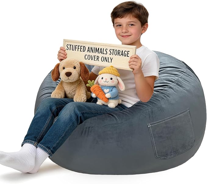 Lukeight Stuffed Animal Storage Bean Bag Chair Cover for Kids, Velvet Plush Toy Organizer Seat, Cover Only, No Filling Included, Long YKK Zipper, Side Pocket, X-Large 30"D x 18"H by Lukeight