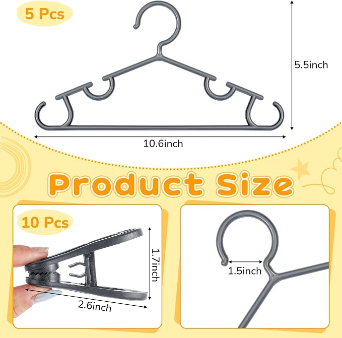 Hsei Baby Hanger with Clip for Pant,15 Packs Total,Gray,10.6 Inch | 5 Kids Plastic Hanger with 10 Clips for Newborn, Nursery, Daycare, Preschool, Closet, Wardrobe Organizer for Baby Shower - Image 2