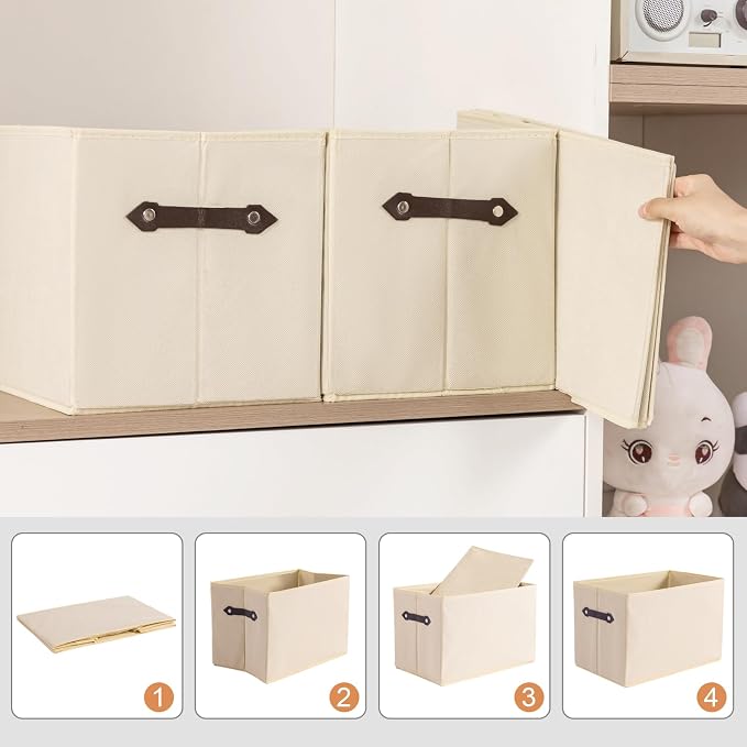 1 Pack Large Collapsible Storage Baskets for Shelves,14.9"x9.5" Fabric Closet storage Boxes with Leather Handles,Decorative Organizers Storage Bins for Clothes,Sheets,Toys,Books,Creamy-White - Image 6