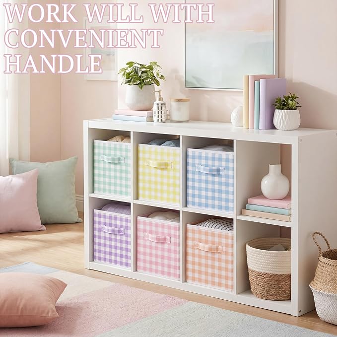 Yalikop 6 Pcs Colorful Gingham Cube Storage Bins, 11 Inch Fabric Checkered Classroom Storage Bins Organizer with Handle Preppy Collapsible Cubby Basket for Classroom Home Nursery Playroom Bedroom - Image 3